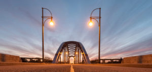 Germany, Saxony-Anhalt, Magdeburg, Sternbrücke in Stadtpark Rotehorn, blue hour, Magdeburg. Germany, Saxony-Anhalt, Magdeburg, Sternbrücke in Stadtpark Rotehorn, blue hour, Magdeburg.